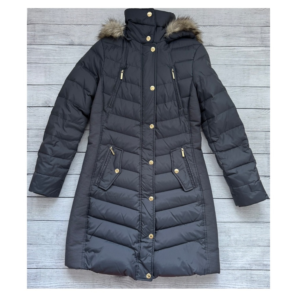 MICHAEL Michael Kors Black Puffer Coat with Fur Trim